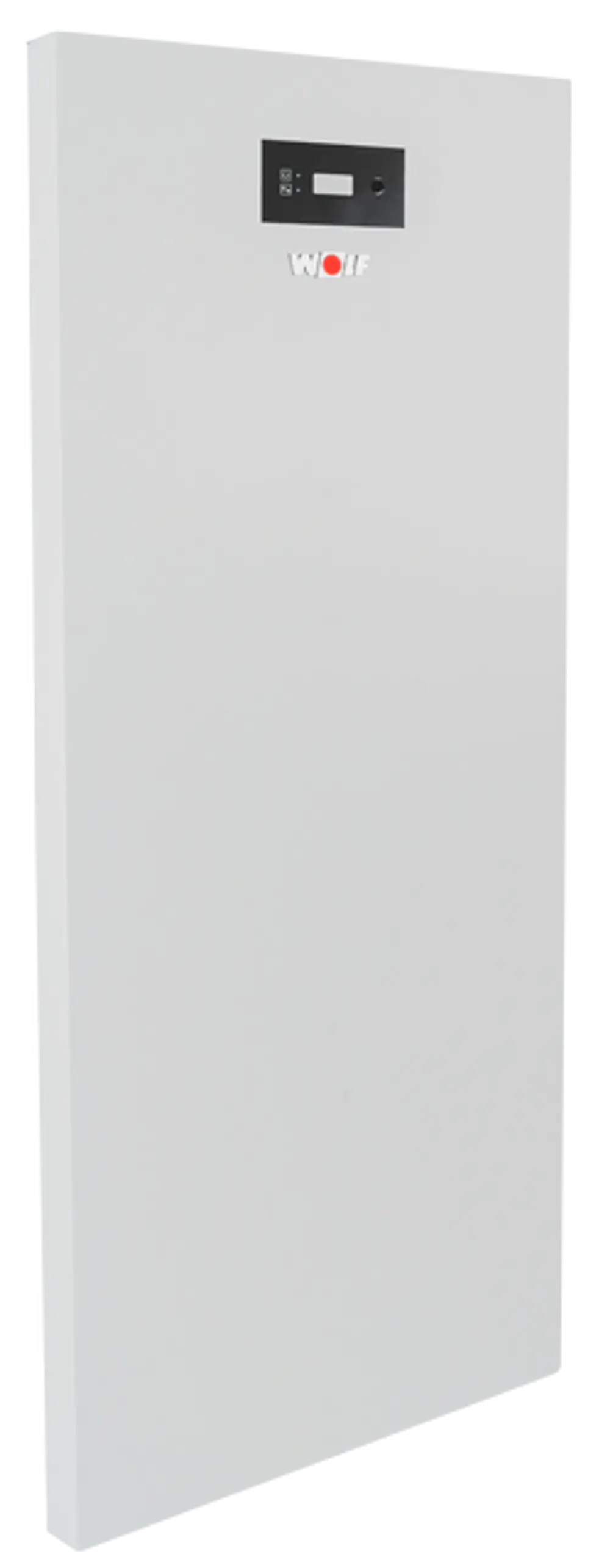 Weiße Frontverkleidung mit digitalem Display, Marke WOLF, für Heizsystem. Minimalistisches Design, geeignet für Heizungsinstallation.